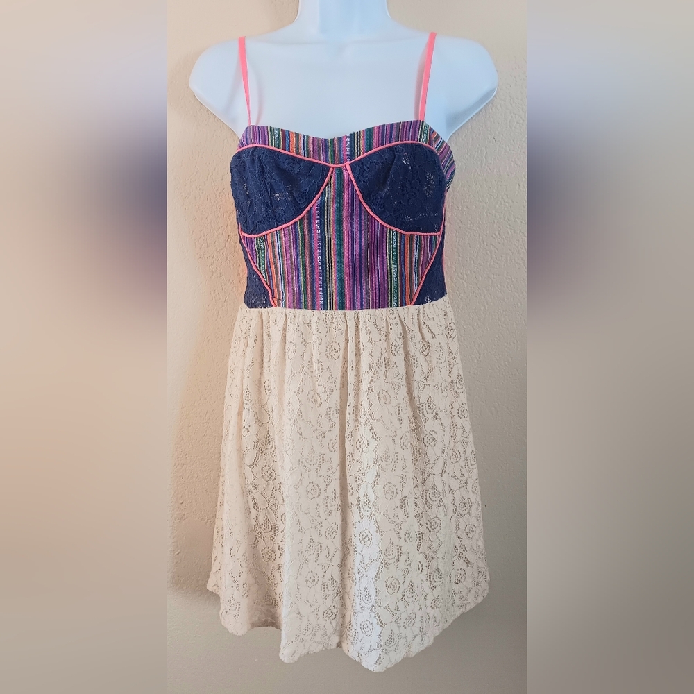 Flying Tomatoes Boho Mixed Print Corset Dress M Festival Lace Ethnic Summer